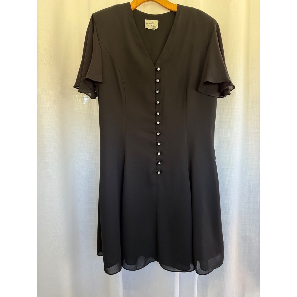 Vintage Black Chiffon Flutter Sleeve Dress Size 14P Rhinestone Button Front